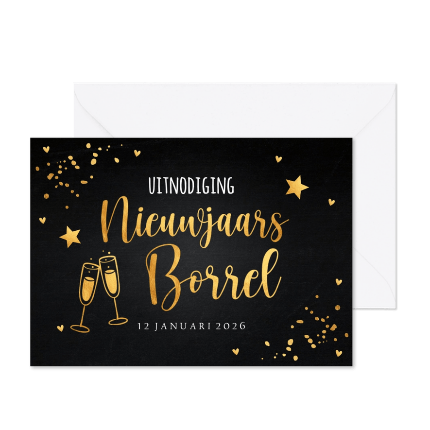 Nieuwjaarsborrel uitnodiging confetti goudlook - Kaartimpressie