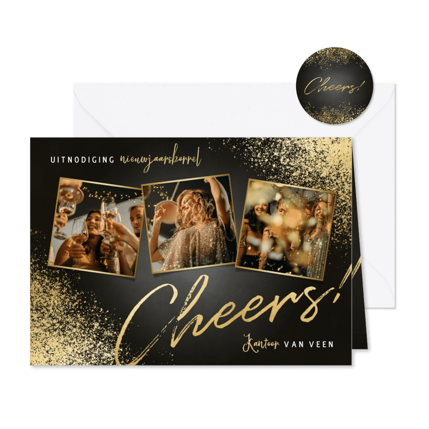 Nieuwjaarsborrel uitnodiging fotocollage, cheers en spetters - Kaartimpressie