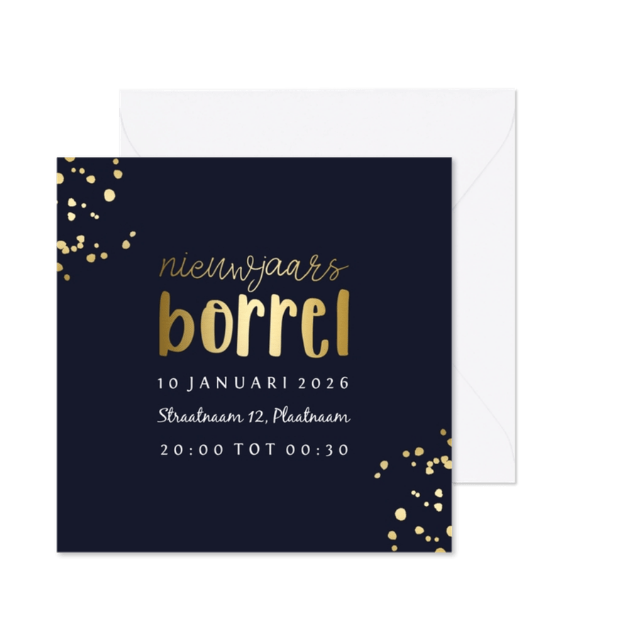 Nieuwjaarsborrel uitnodiging goudlook met spetters - Kaartimpressie
