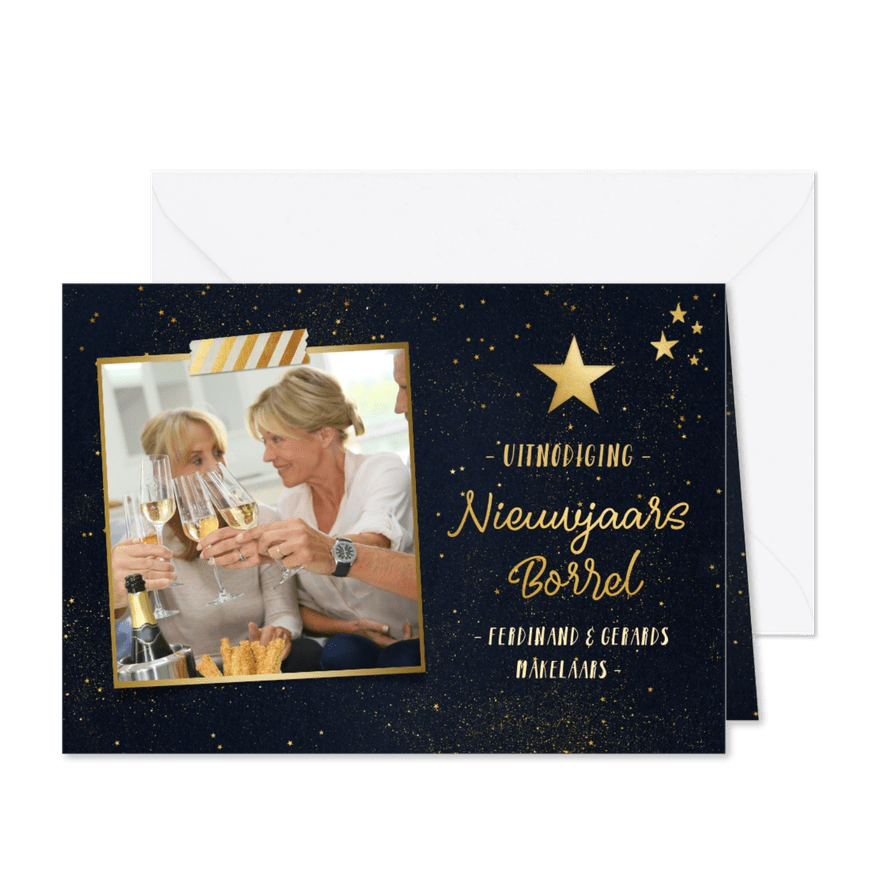 Nieuwjaarsborrel uitnodiging met foto - zwart en goud - Kaartimpressie