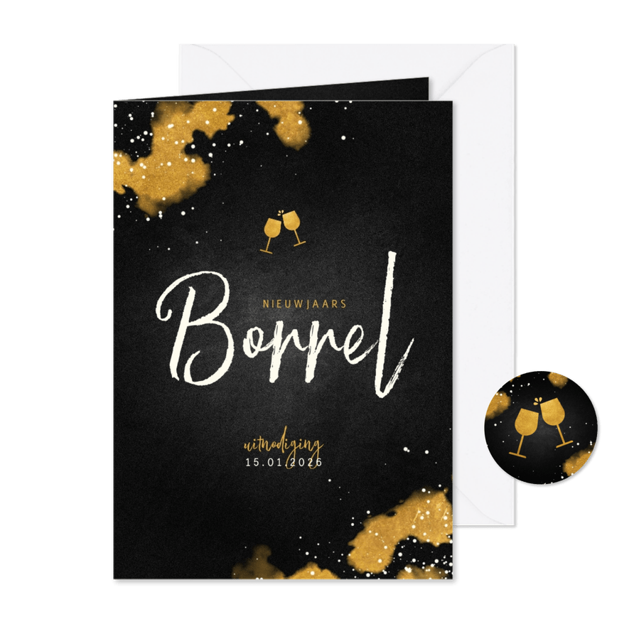 Nieuwjaarsborrel uitnodiging met proostende glazen goud - Kaartimpressie