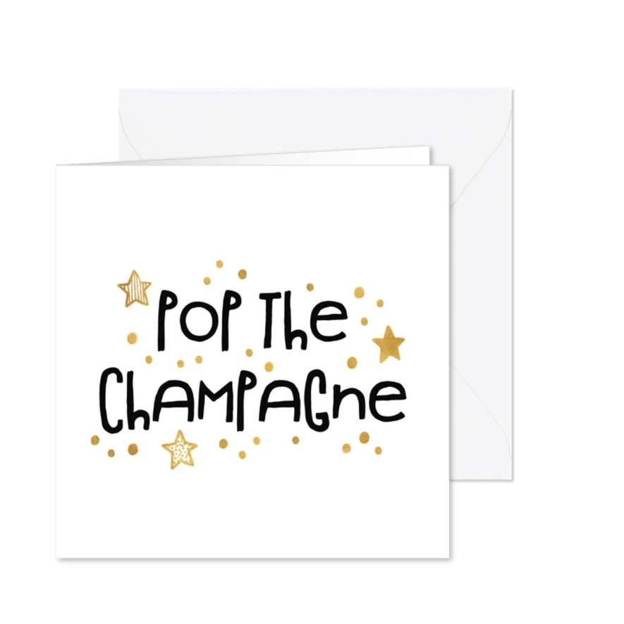 Nieuwjaarsborrel uitnodiging 'pop the champagne' goudlook - Kaartimpressie