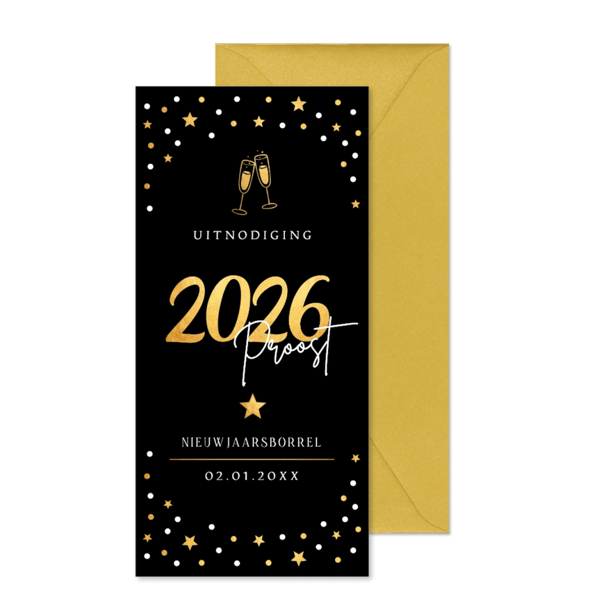 Nieuwjaarsborrel uitnodiging zwart sterren goudlook 2026 - Kaartimpressie
