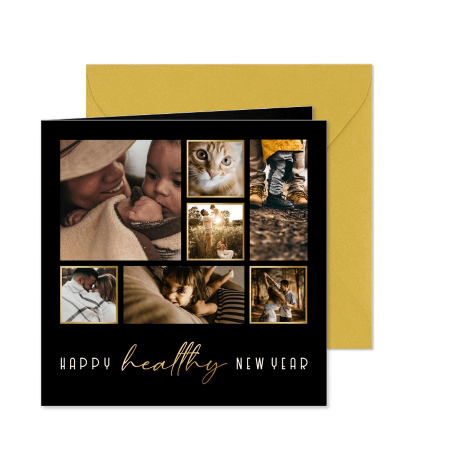 Nieuwjaarscollage Happy Healthy New Year goudlook - Kaartimpressie