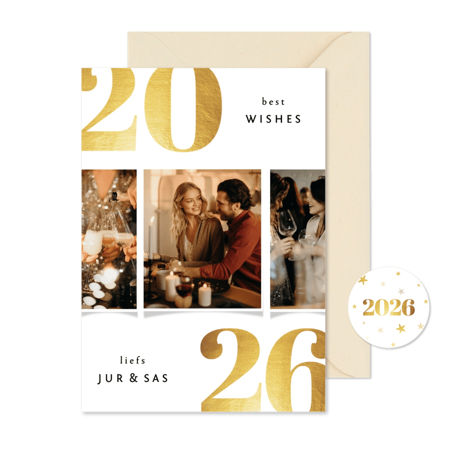 Nieuwjaarskaart 2026 best wishes goudlook met 3 foto's - Kaartimpressie