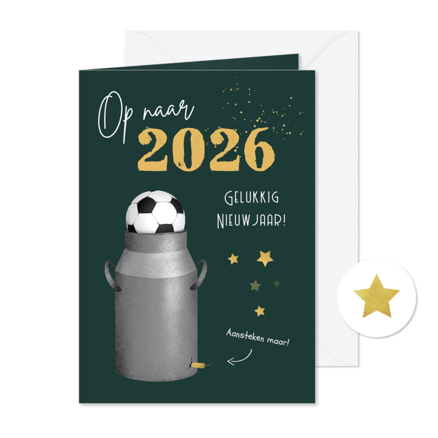Nieuwjaarskaart 2026 carbid schieten vuurwerk sterren goud - Kaartimpressie
