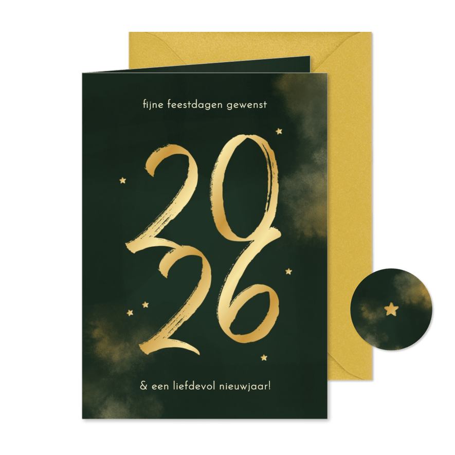 Nieuwjaarskaart 2026 donkergroen sterretjes goud waterverf - Kaartimpressie