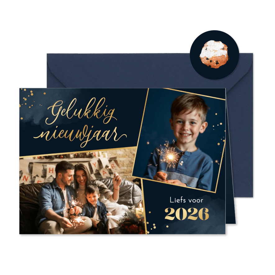 Nieuwjaarskaart 2026 foto's waterverf goud persoonlijk - Kaartimpressie