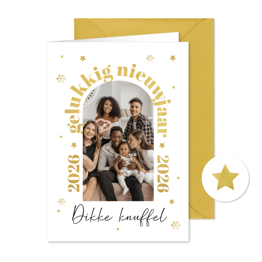 Nieuwjaarskaart 2026 gelukkig nieuwjaar goud foto sterren - Kaartimpressie