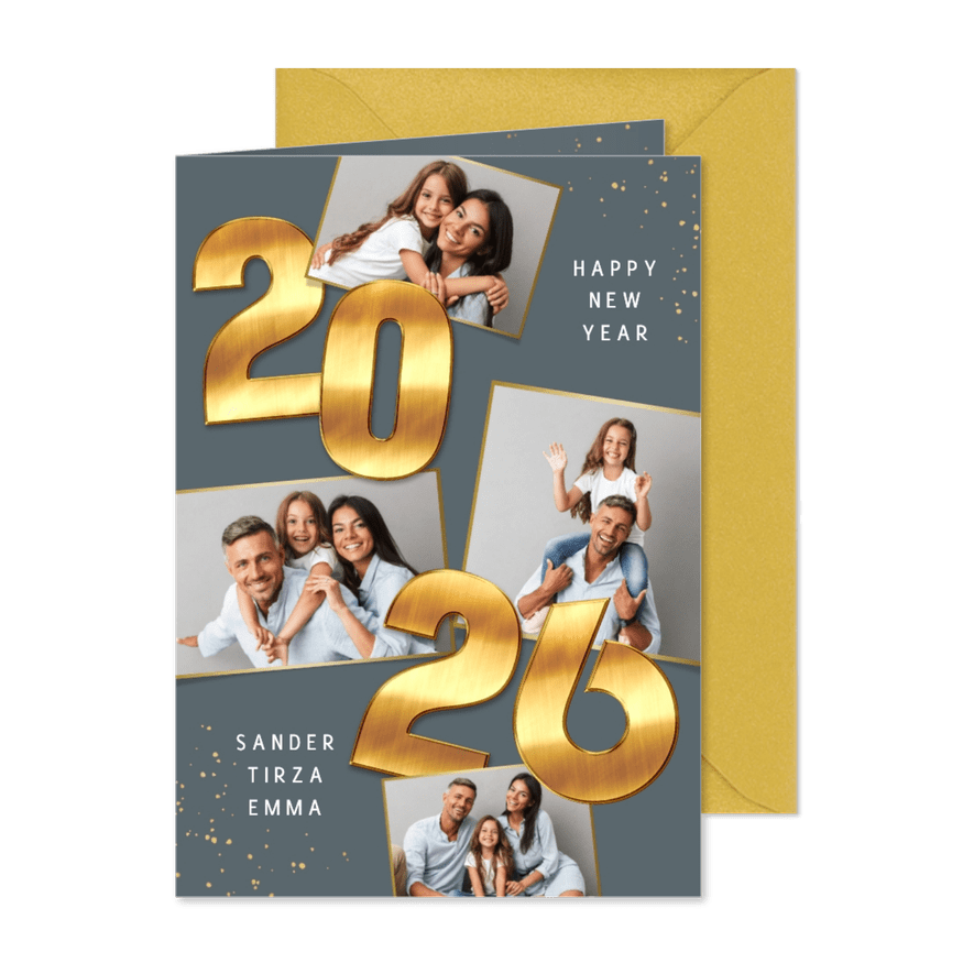 Nieuwjaarskaart 2026 goud cijfers spetters fotocollage - Kaartimpressie