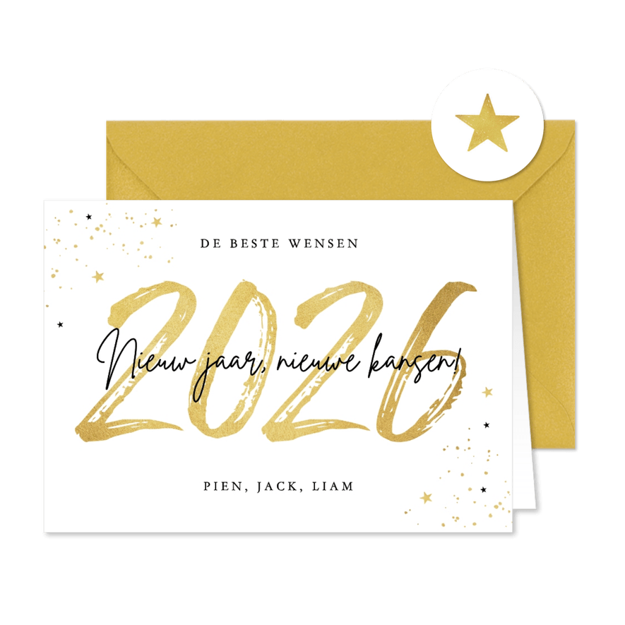 Nieuwjaarskaart 2026 goud confetti sterren nieuw jaar - Kaartimpressie