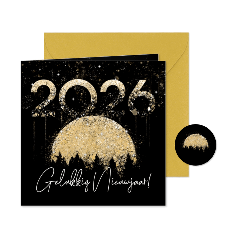 Nieuwjaarskaart 2026 goud maan en bos - Kaartimpressie