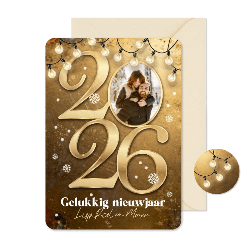 Nieuwjaarskaart 2026 goud metaal kerst fijne feestdagen foto - Kaartimpressie