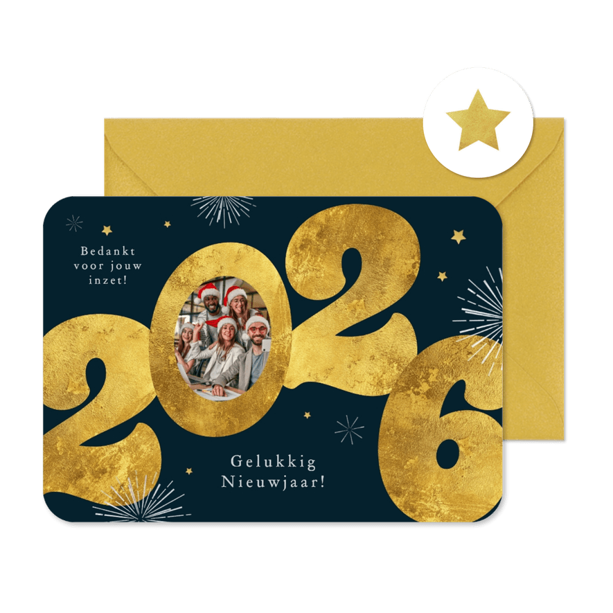 Nieuwjaarskaart 2026 goud modern zakelijk vuurwerk sterren - Kaartimpressie