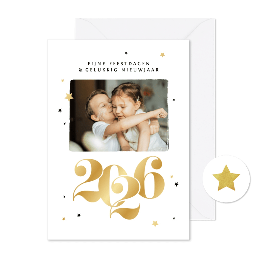 Nieuwjaarskaart 2026 goud sterren foto - Kaartimpressie