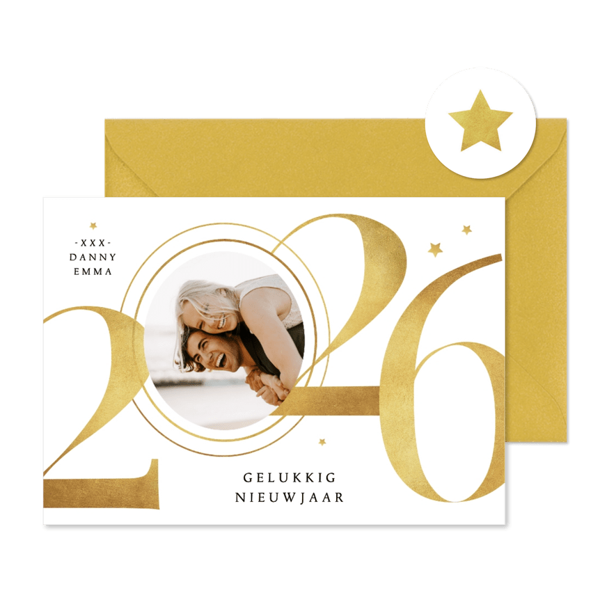 Nieuwjaarskaart 2026 goud sterren stijlvol grafisch foto - Kaartimpressie