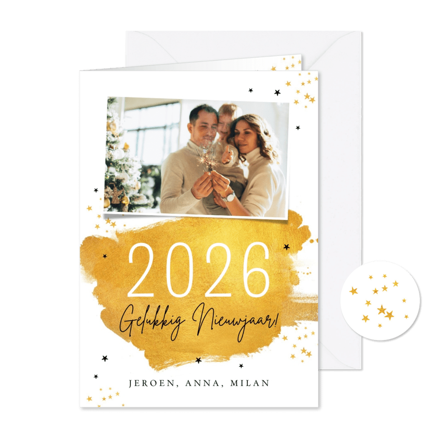 Nieuwjaarskaart 2026 goud verf sterren foto stijlvol - Kaartimpressie