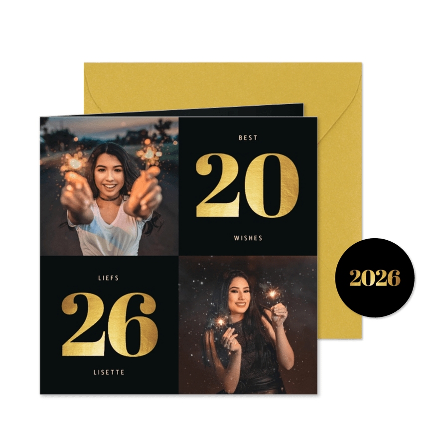 Nieuwjaarskaart 2026 goudlook met 2 foto's - Kaartimpressie