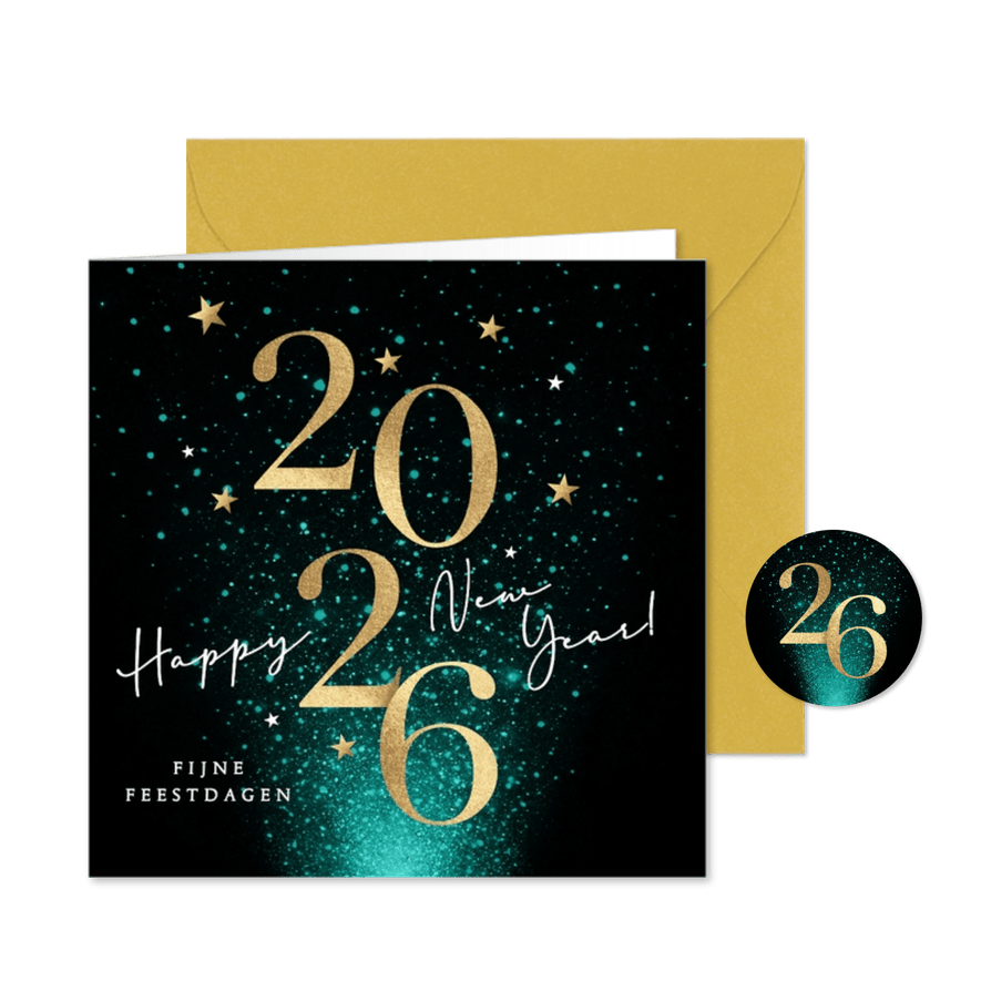 Nieuwjaarskaart 2026 in goud en vuurwerk - Kaartimpressie