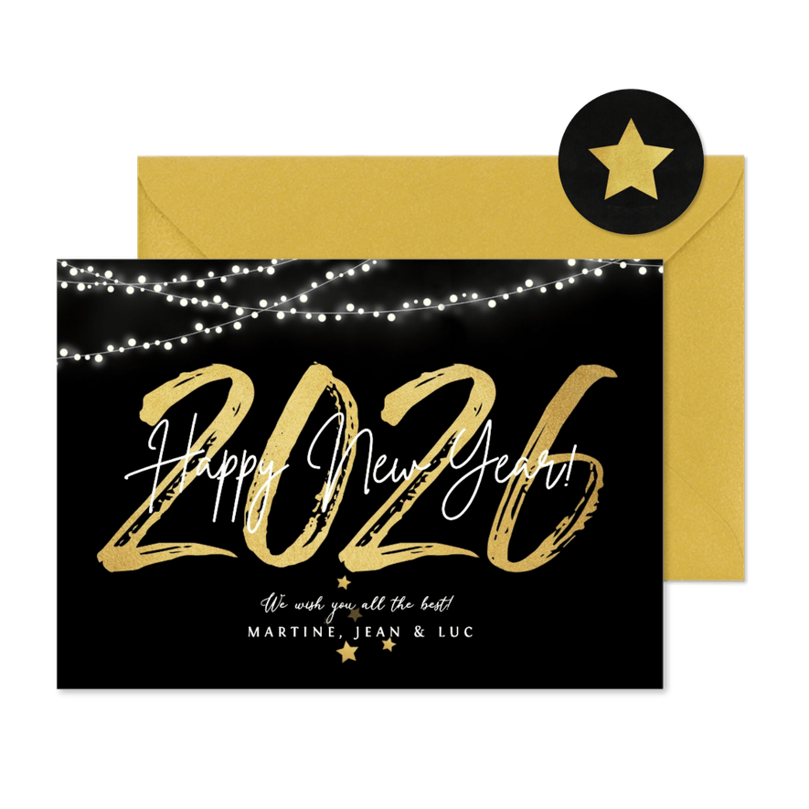 Nieuwjaarskaart 2026 in goud happy new year - Kaartimpressie