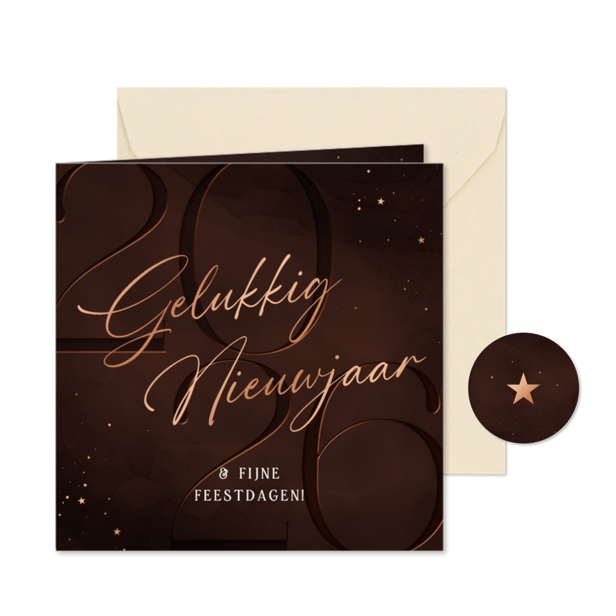Nieuwjaarskaart 2026 koper donkerrood fijne kerstdagen - Kaartimpressie