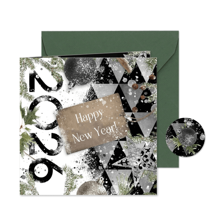 Nieuwjaarskaart 2026 label op sneeuw - Kaartimpressie