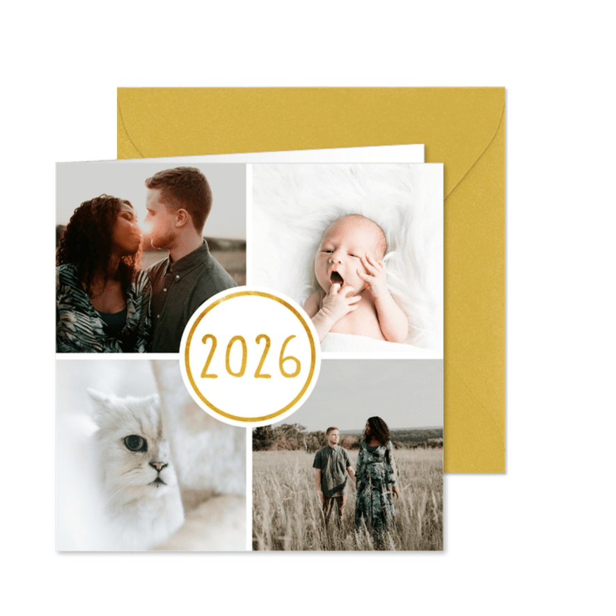Nieuwjaarskaart '2026' met 4 foto's vierkant - Kaartimpressie