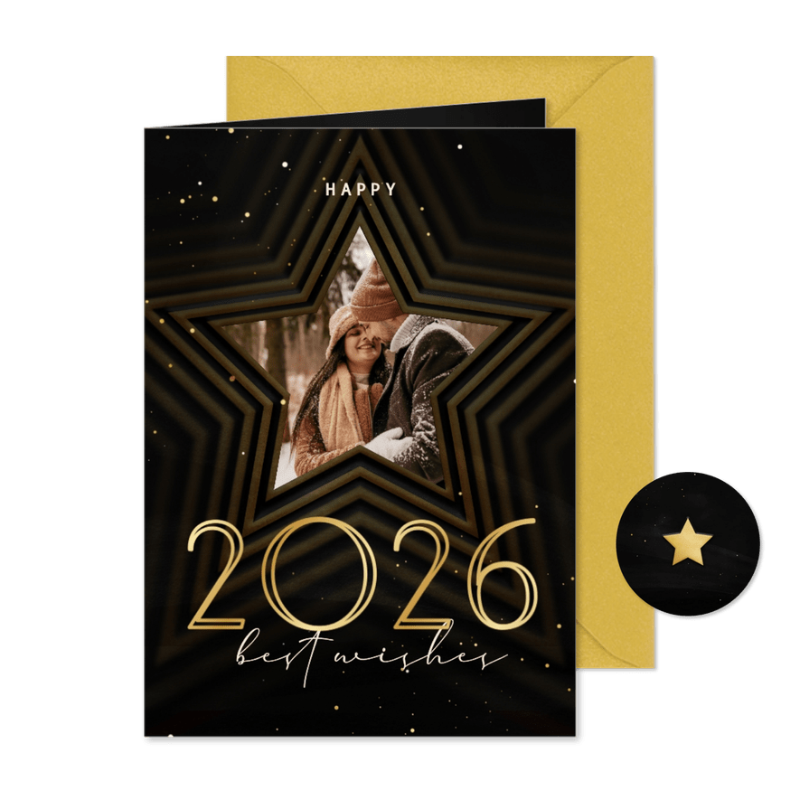 Nieuwjaarskaart 2026 met foto en ster op achtergrond - Kaartimpressie