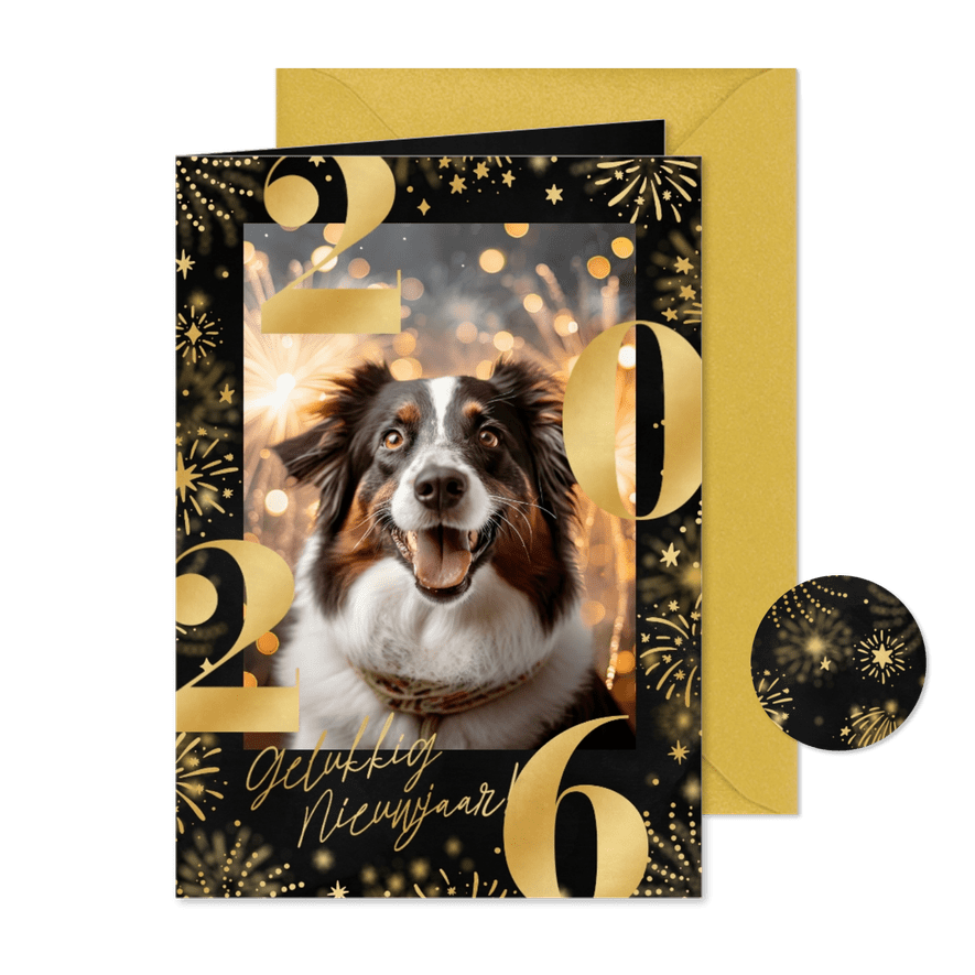 Nieuwjaarskaart 2026 met foto vuurwerk en sterren zwart - Kaartimpressie
