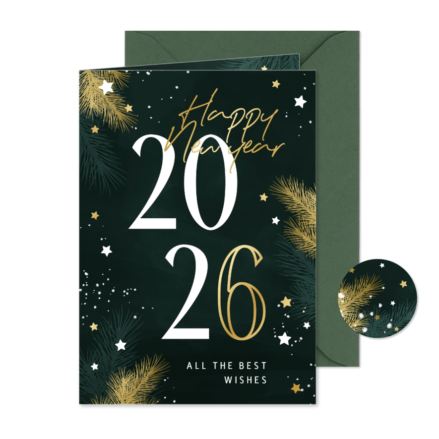 Nieuwjaarskaart 2026 met kersttakjes en gouden sterren - Kaartimpressie