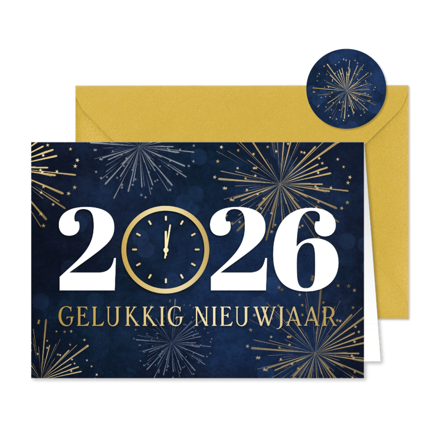 Nieuwjaarskaart 2026 met klok op 12 uur en vuurwerk - Kaartimpressie