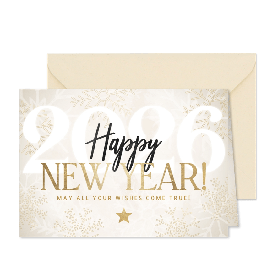 Nieuwjaarskaart 2026 met sneeuwvlokken Happy New Year! - Kaartimpressie