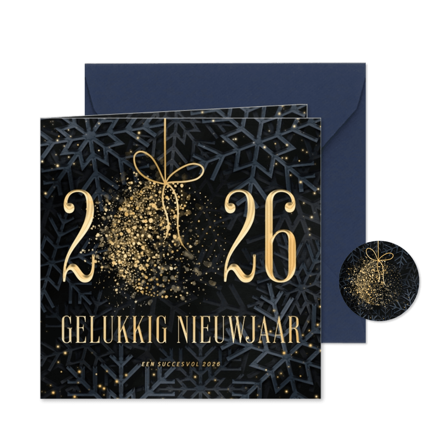 Nieuwjaarskaart 2026 met sprankelende kerstbal - Kaartimpressie