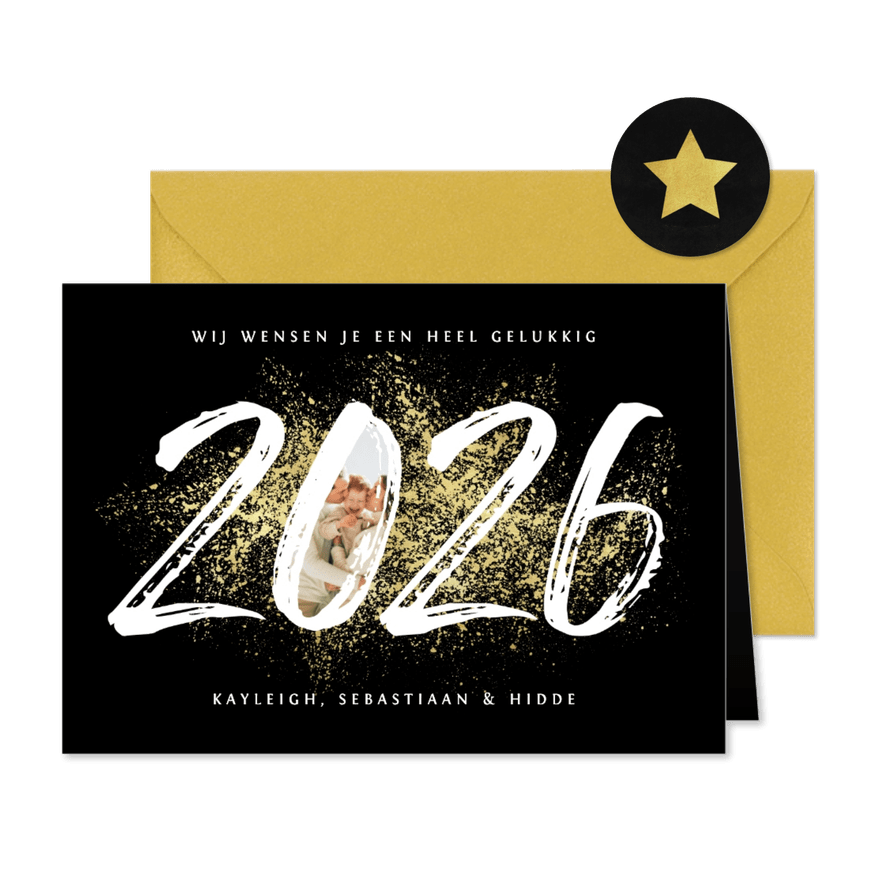 Nieuwjaarskaart 2026 stijlvol goud spetters vuurwerk - Kaartimpressie