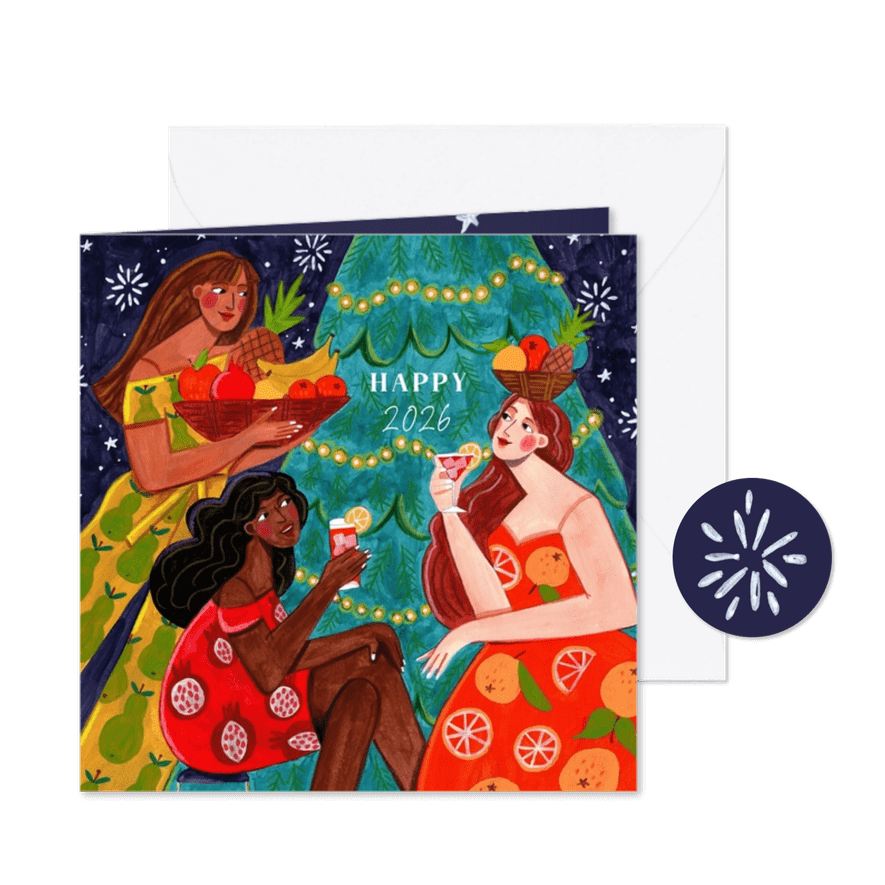 Nieuwjaarskaart 2026 vrouwen drinken fruit cocktail - Kaartimpressie