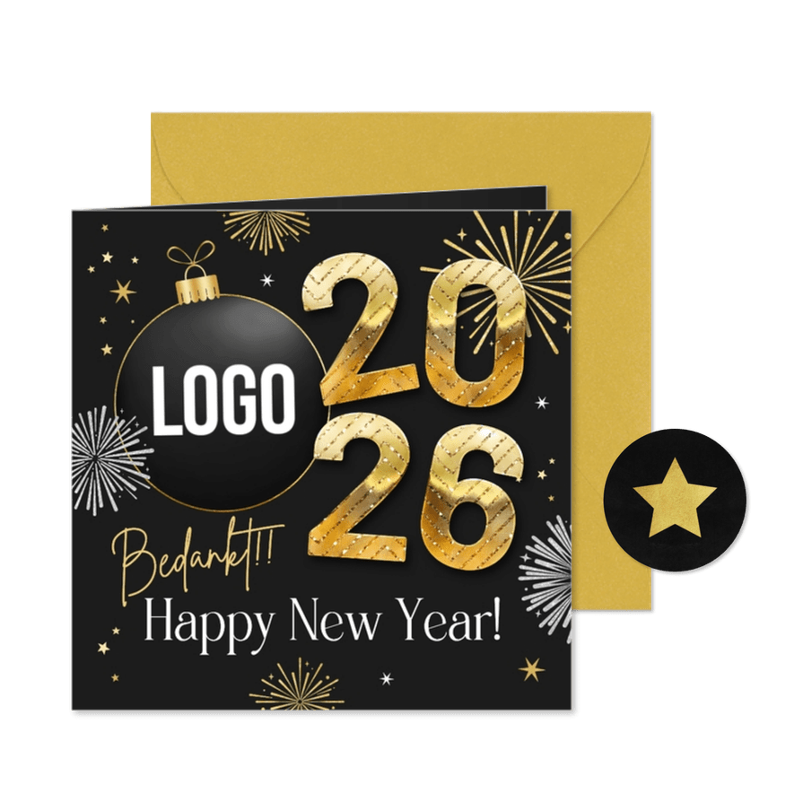 Nieuwjaarskaart 2026 vuurwerk bedankt kerstbal sterren goud - Kaartimpressie