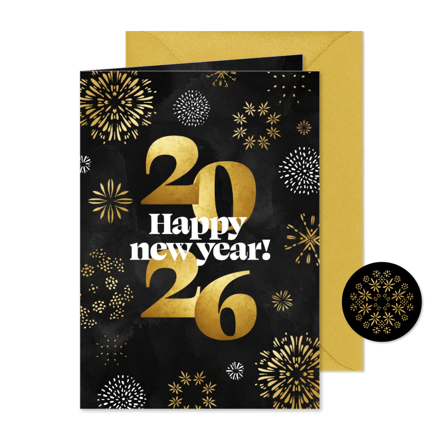Nieuwjaarskaart 2026 vuurwerk goud happy new year - Kaartimpressie