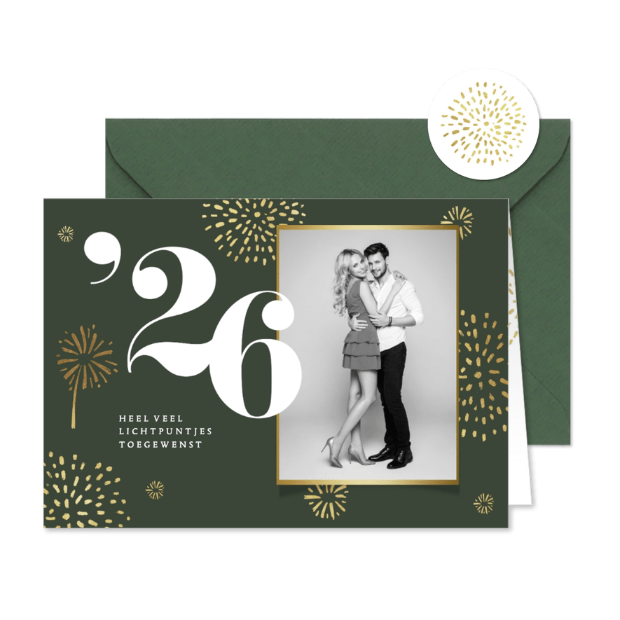 Nieuwjaarskaart 2026 vuurwerk goud stijlvol foto - Kaartimpressie