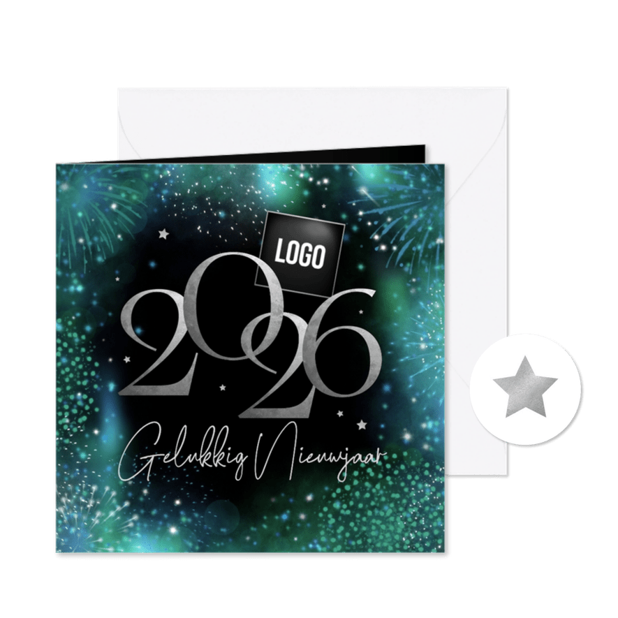 Nieuwjaarskaart 2026 vuurwerk zakelijk zilver sterren logo - Kaartimpressie