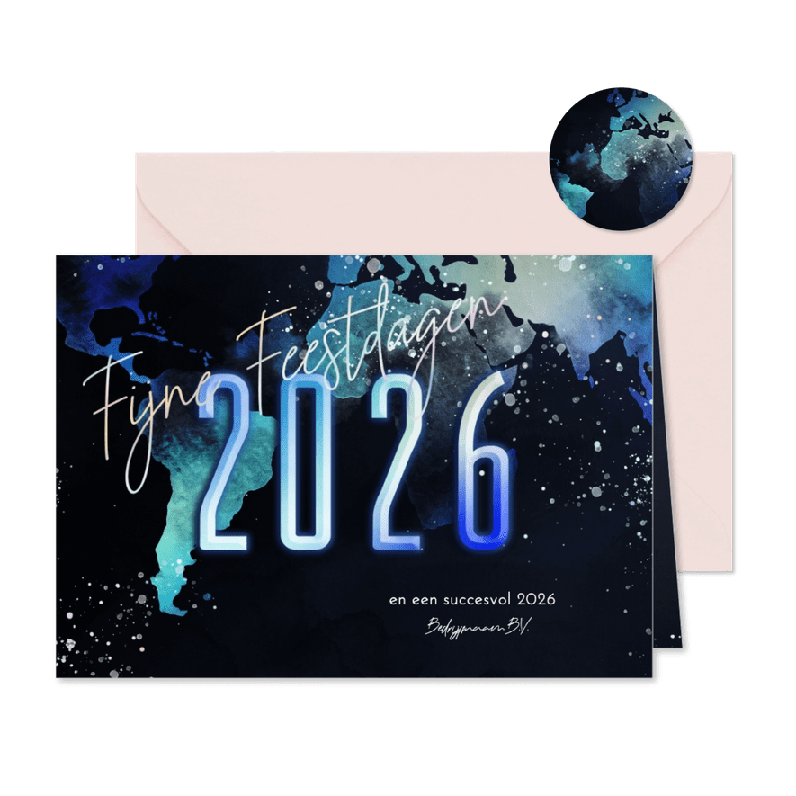 Nieuwjaarskaart 2026 wereldkaart in neonkleuren - Kaartimpressie