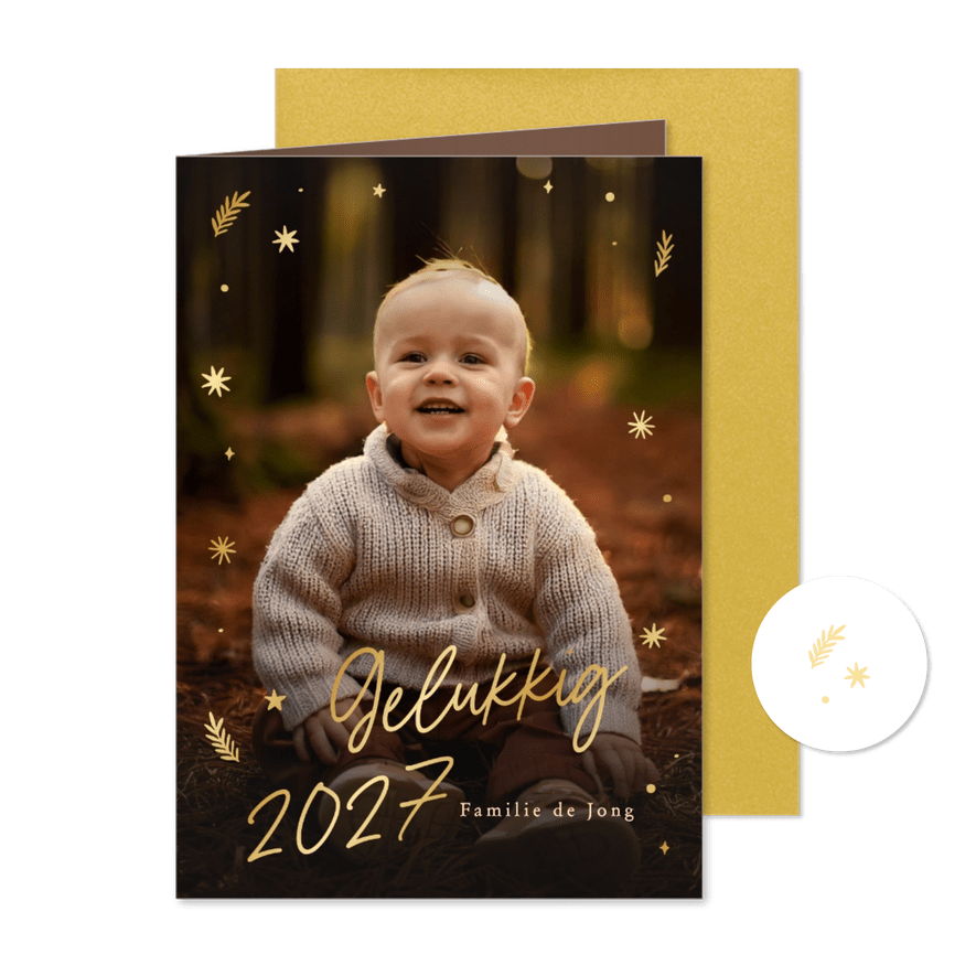 Nieuwjaarskaart 2027 gouden sterren en grote eigen foto - Kaartimpressie