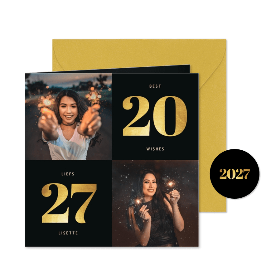Nieuwjaarskaart 2027 goudlook met 2 foto's - Kaartimpressie