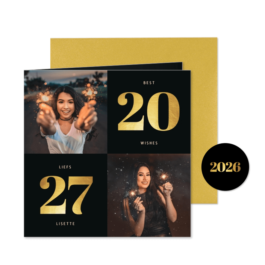 Nieuwjaarskaart 2027 goudlook met 2 foto's - Kaartimpressie