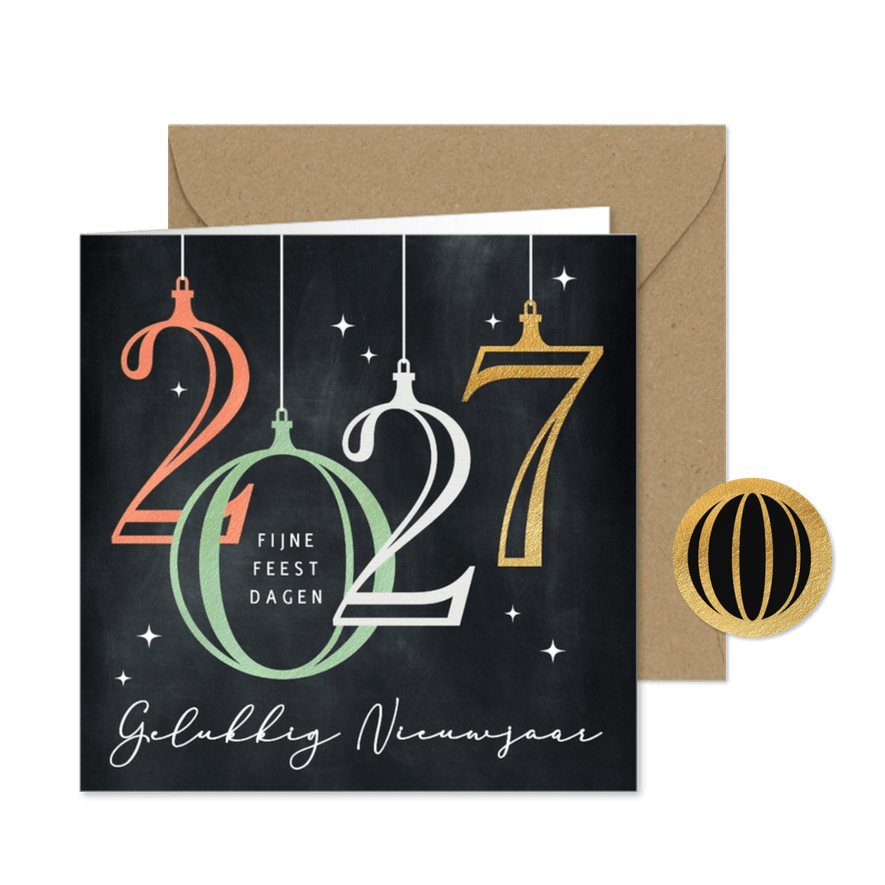 Nieuwjaarskaart 2027 kerstballen retro - Kaartimpressie