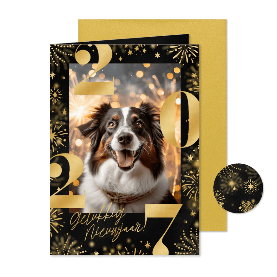 Nieuwjaarskaart 2027 met foto vuurwerk en sterren zwart - Kaartimpressie