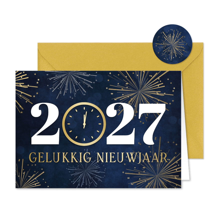 Nieuwjaarskaart 2027 met klok op 12 uur en vuurwerk - Kaartimpressie