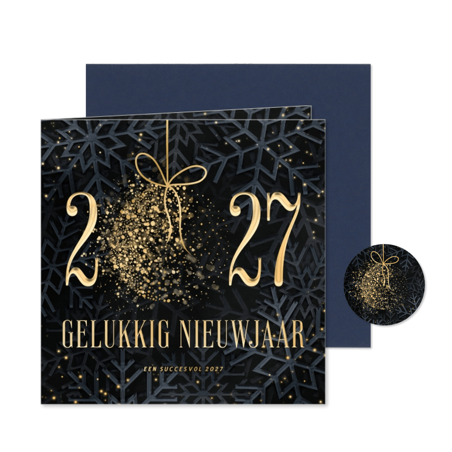 Nieuwjaarskaart 2027 met sprankelende kerstbal - Kaartimpressie