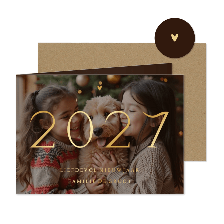 Nieuwjaarskaart 2027 transparante foto met goudfolie - Kaartimpressie