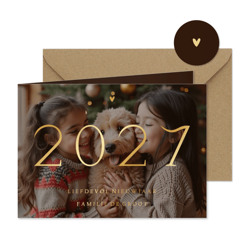 Nieuwjaarskaart 2027 transparante foto met goudfolie - Kaartimpressie