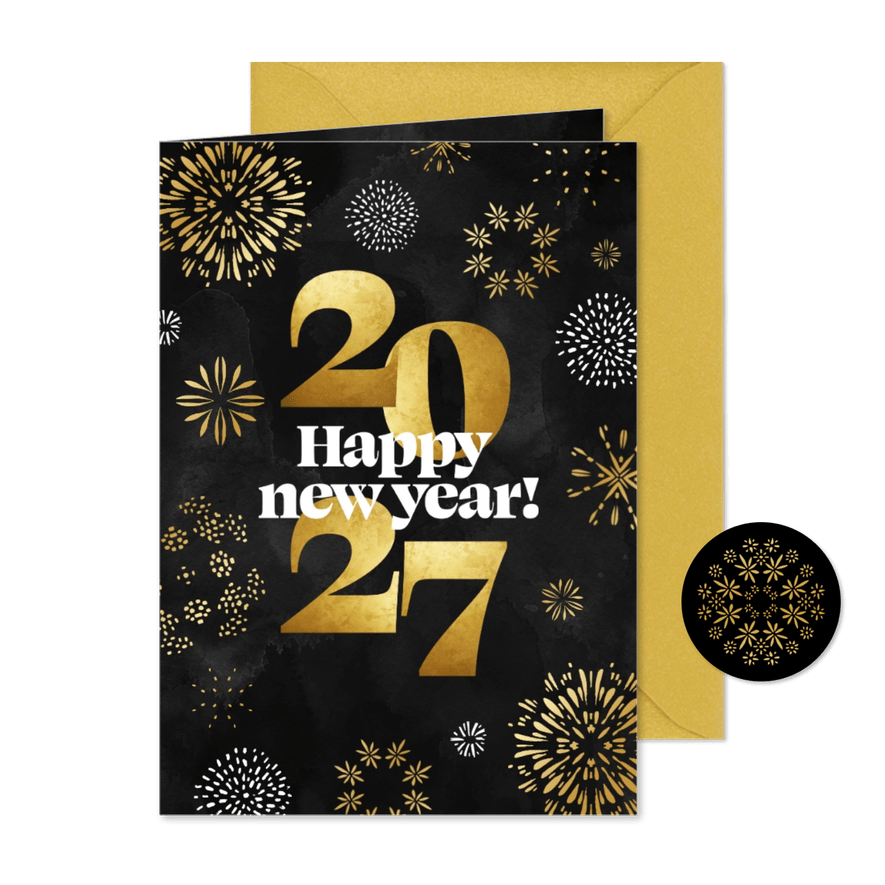 Nieuwjaarskaart 2027 vuurwerk goud happy new year - Kaartimpressie